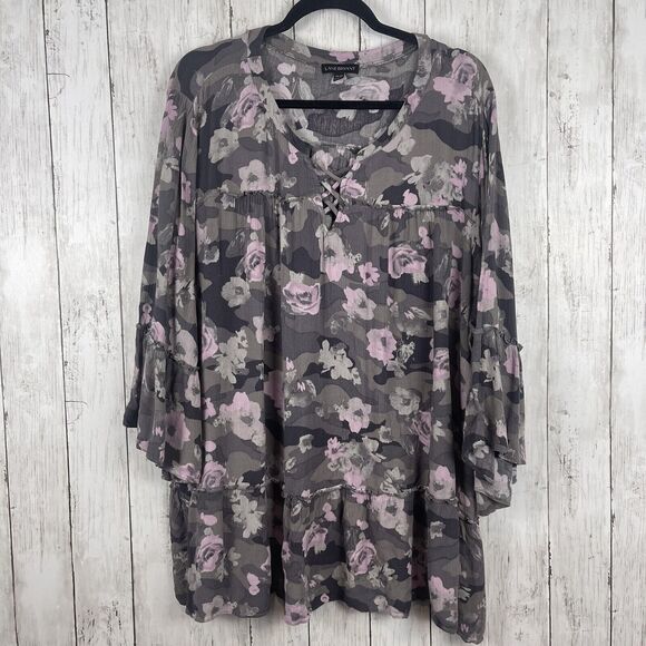 Lane Bryant Top Women 26/28 Multi Floral Camo Shallow Peasant Popover Blouse - Picture 1 of 9